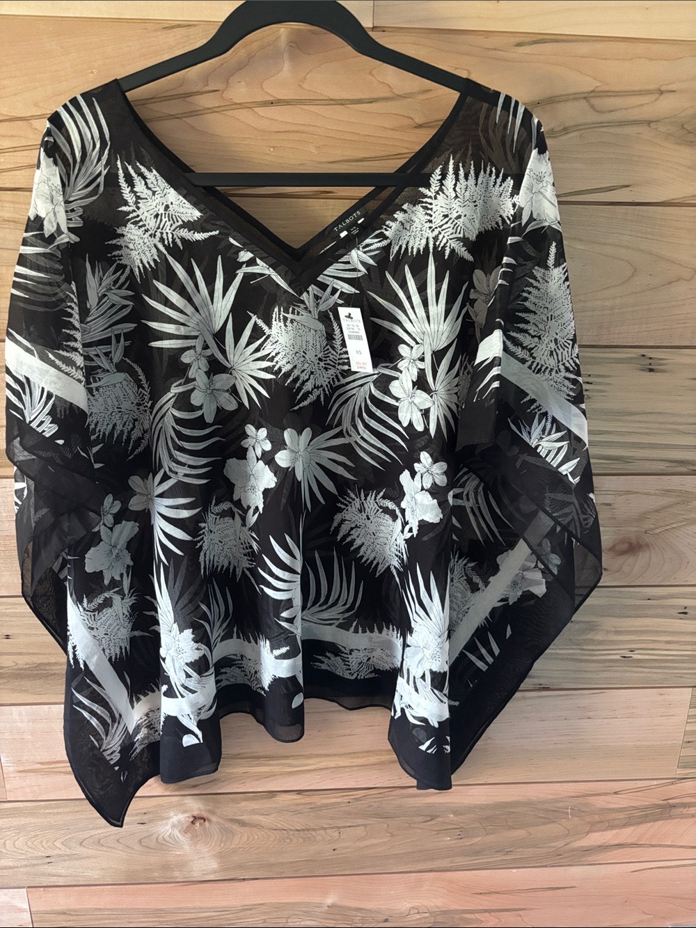 Talbots Black Sheer V-Neck Tunic with White Tropical Print